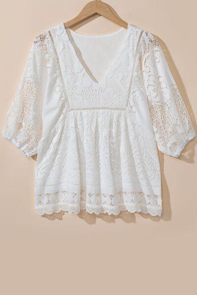 Lace Crochet Hollowed Scallop Hem V Neck Blouse