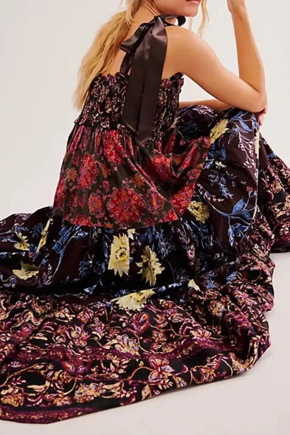 Floral Tiered Maxi Dress with Mixed Print Design