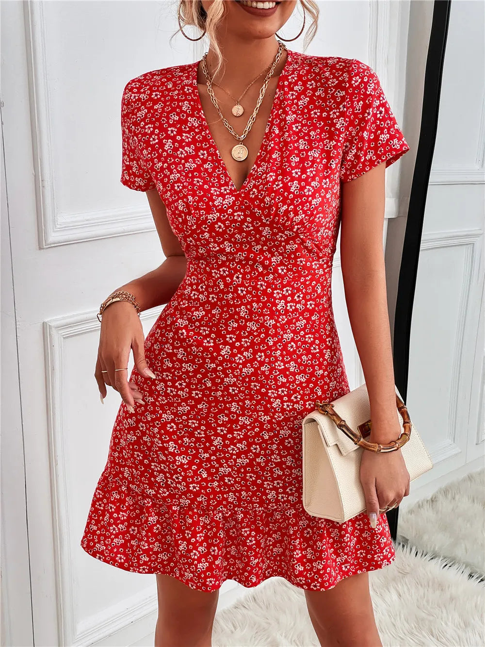 Printed Ruffled Hem V-Neck Short Sleeve Mini Dress