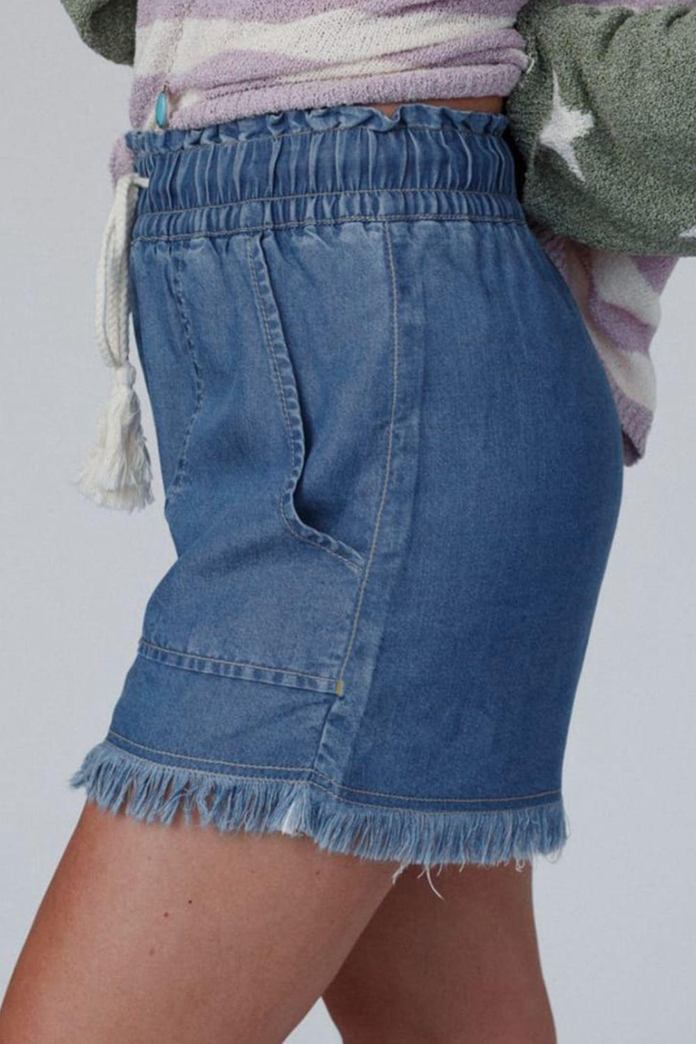 Raw Hem Drawstring High Waist Denim Shorts with Pockets