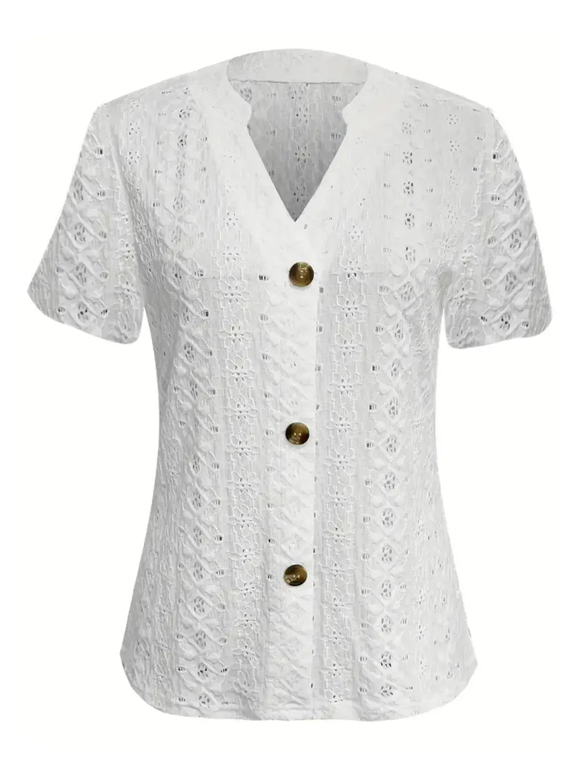 Openwork Notched Short Sleeve Top - Clothes For Her Online Store