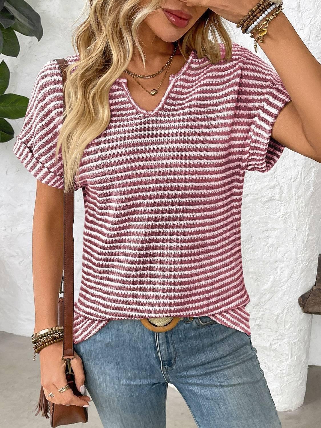 Striped Notched Short Sleeve T-Shirt - Clothes For Her Online Store