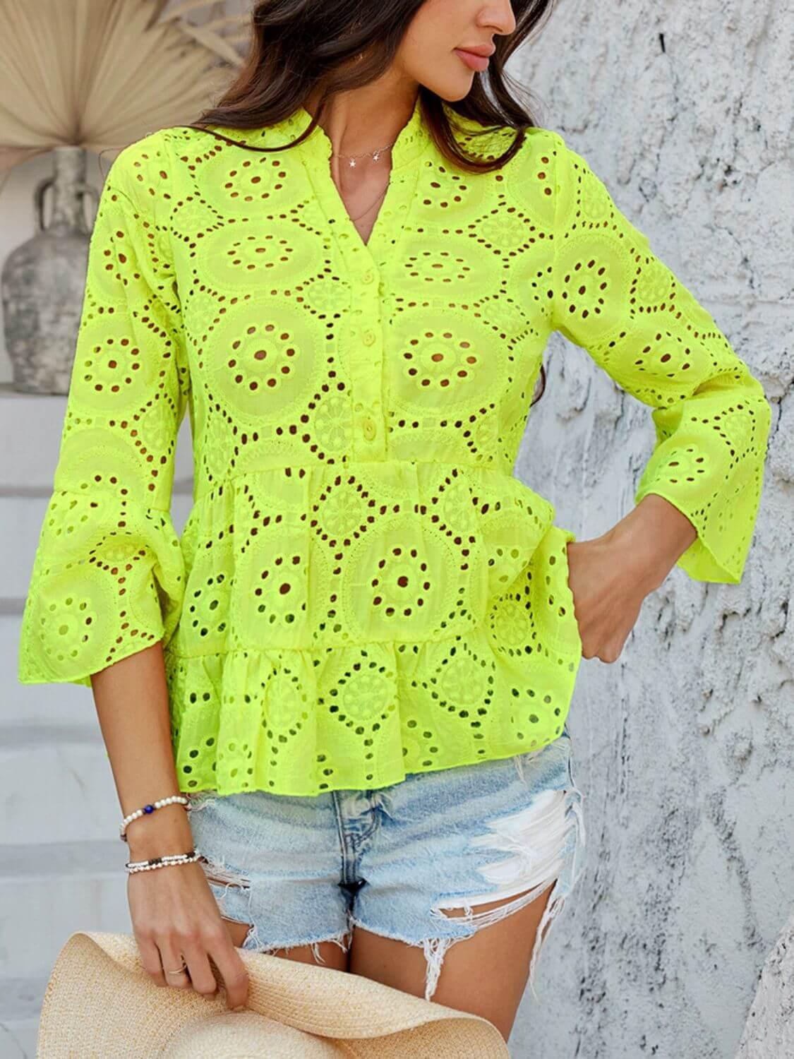 Devine Half Button Flounce Sleeve Peplum Blouse