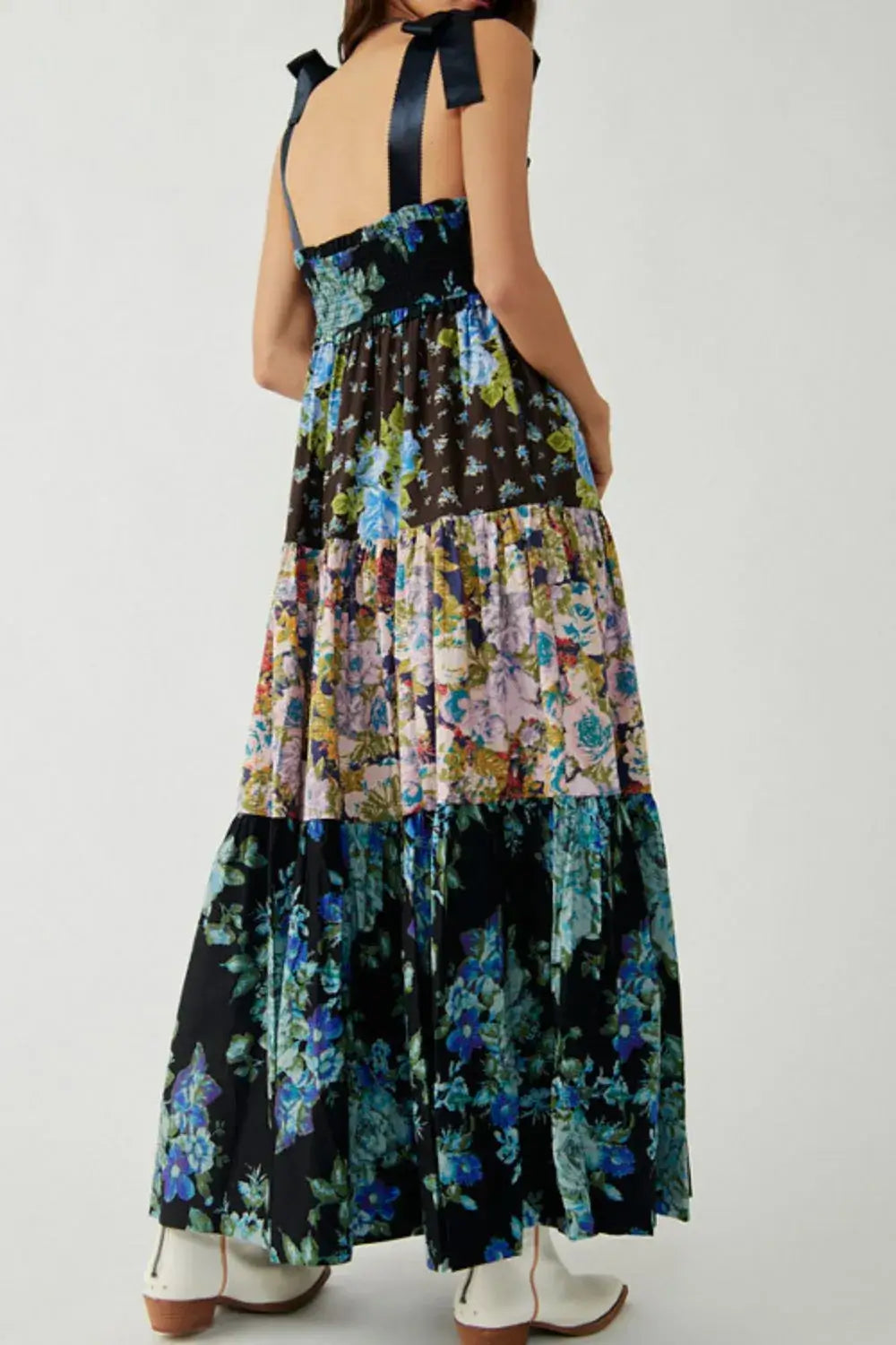 Floral Tiered Maxi Dress with Mixed Print Design