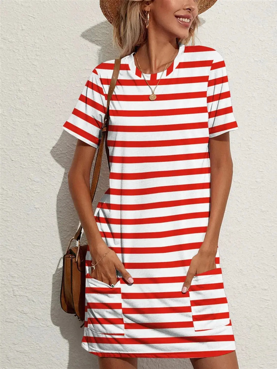 Contrast Striped Round Neck Short Sleeve Dress - Clothes For Her Online Store