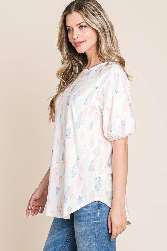 BOMBOM Round Neck Puff Short Sleeve Blouse - Clothes For Her Online Store