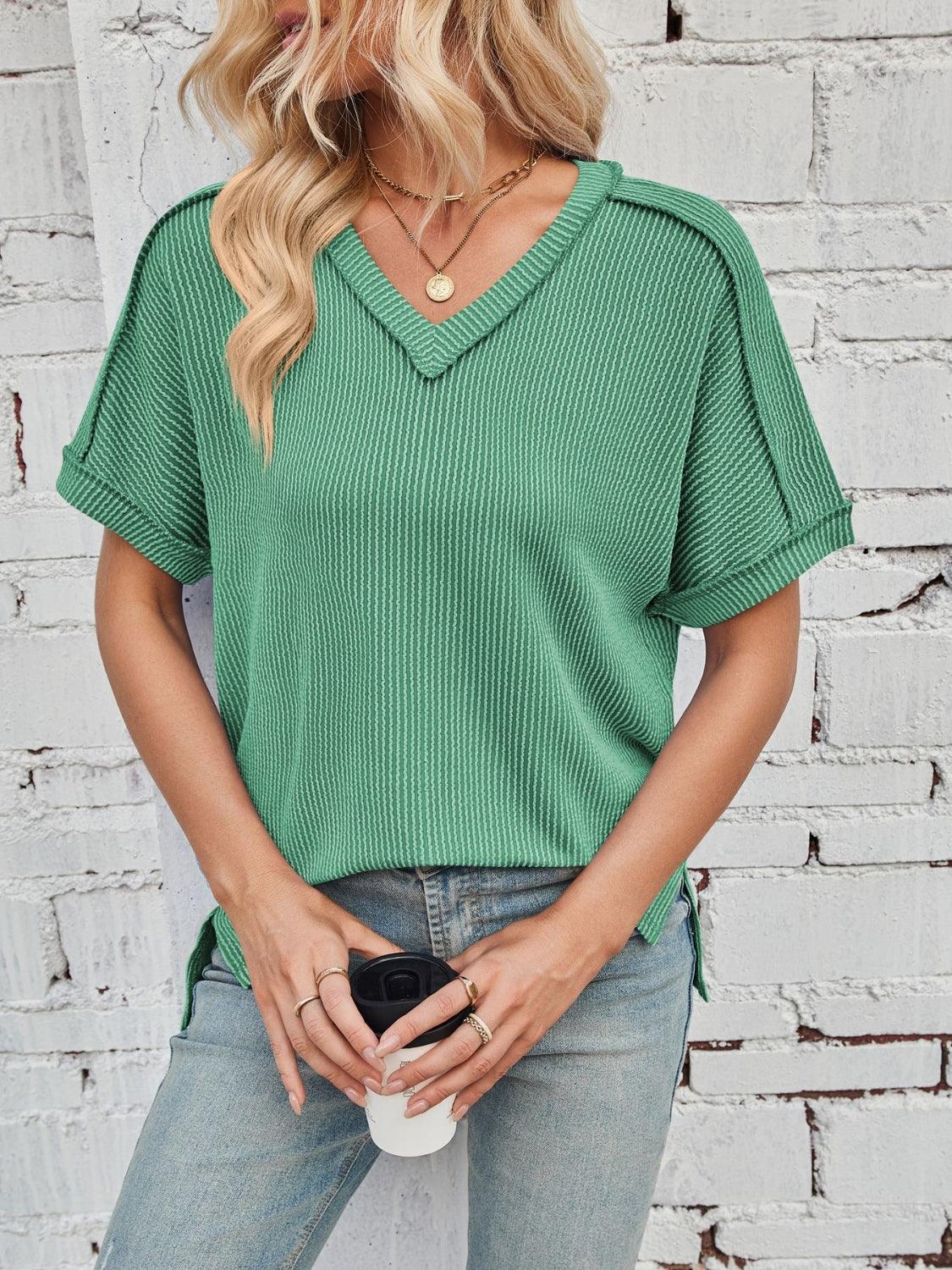 Cord Ribbed V-Neck Short Sleeve T-Shirt