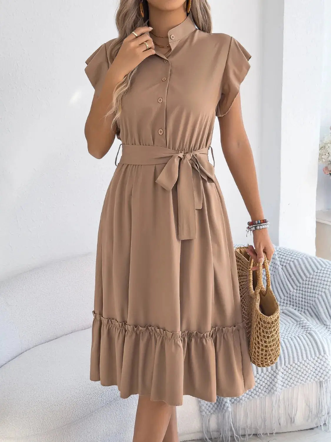 Tie Waist Ruffled Cap Sleeve Dress - Clothes For Her Online Store
