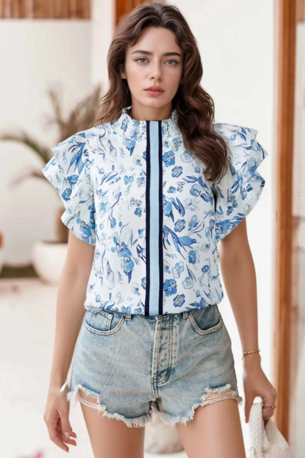 Floral Print Ruffled Short Sleeve Blouse