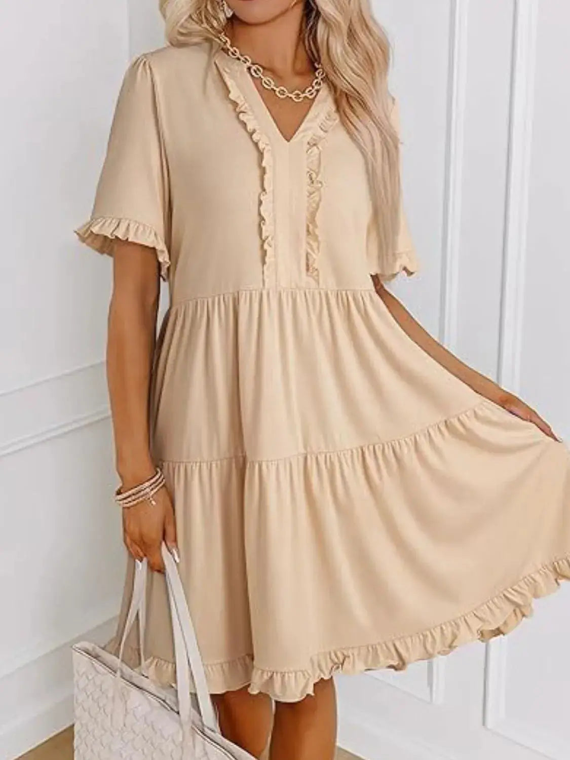 Tiered Notched Short Sleeve Mini Dress - Clothes For Her Online Store