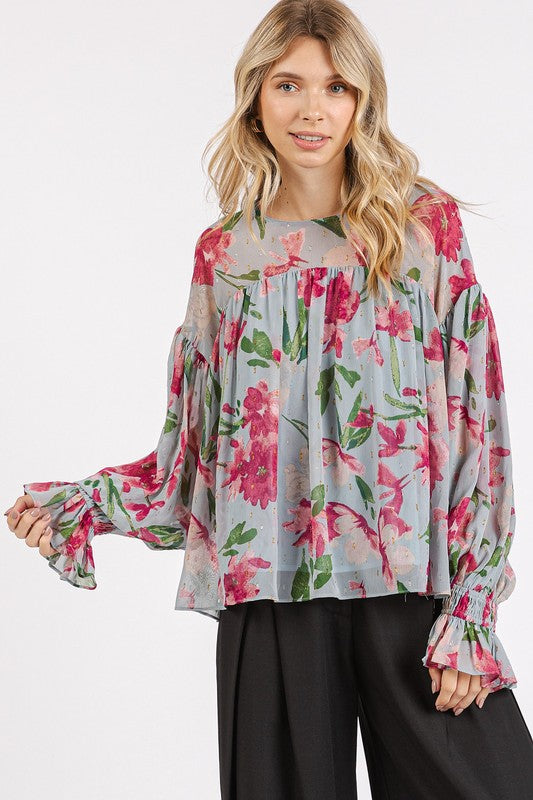 Mittoshop Floral Round Neck Flounce Sleeve Blouse - Clothes For Her Online Store