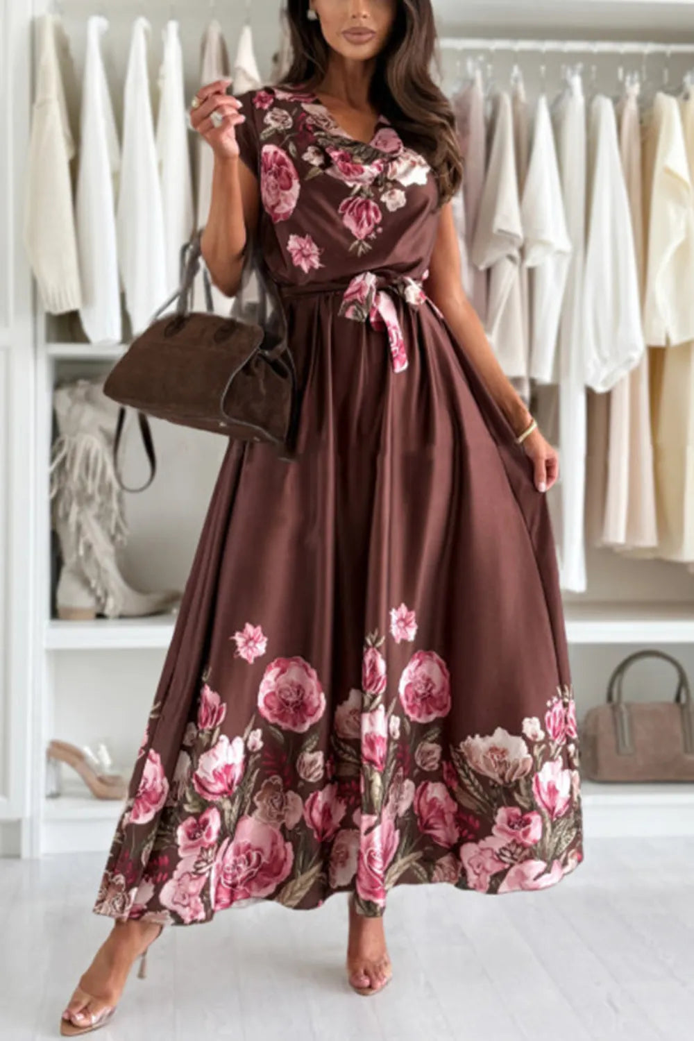 Floral Print Cap Sleeve Dress with Belt