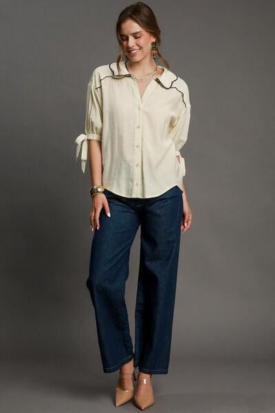 Umgee Full Size Embroidered Detail Button Down Shirt Plus Size