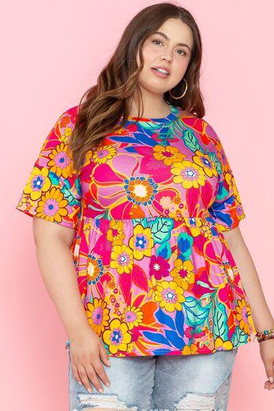 Plus Size Printed Round Neck Short Sleeve Top - Clothes For Her Online Store