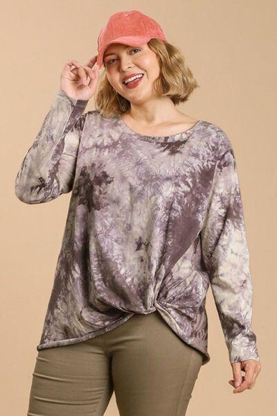 Umgee Full Size Tie Dye Front Gathered Detail Round Neck Long Sleeve T-Shirt Plus Size