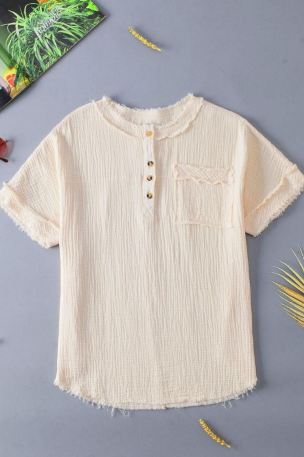 Textured Frayed Trim Half Button Short Sleeve Top