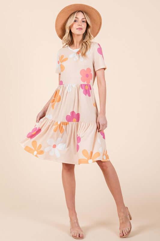 BOMBOM Floral Round Neck Short Sleeve Tiered Dress - Clothes For Her Online Store