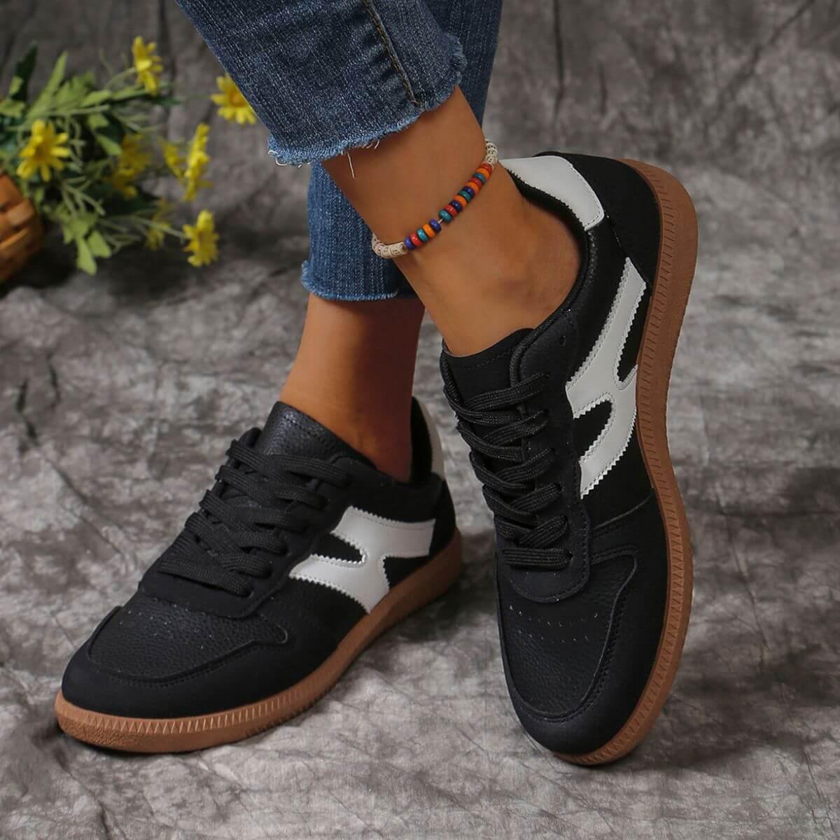 Contrast Lace Up Round Toe Flats Sneakers - Clothes For Her Online Store