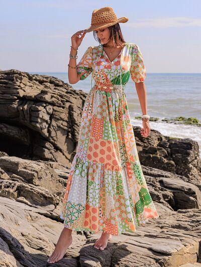 Printed Smocked Waist Short Sleeve Maxi Dress