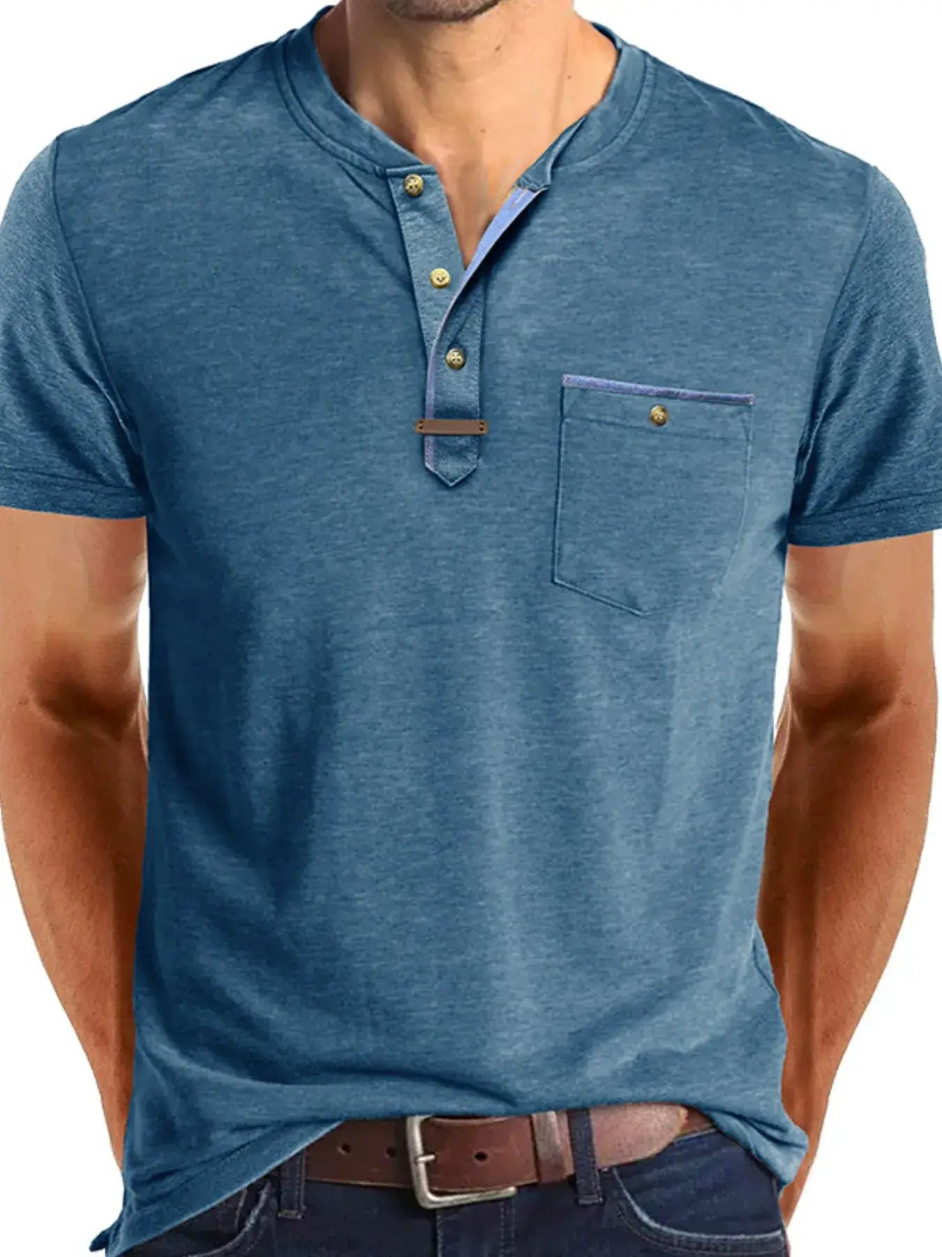 Men's Full Size Short Sleeve Henley Polo with Contrast Trim Plus Size
