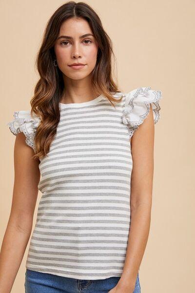 Annie Wear Ruffled Striped Round Neck Cap Sleeve Knit Top