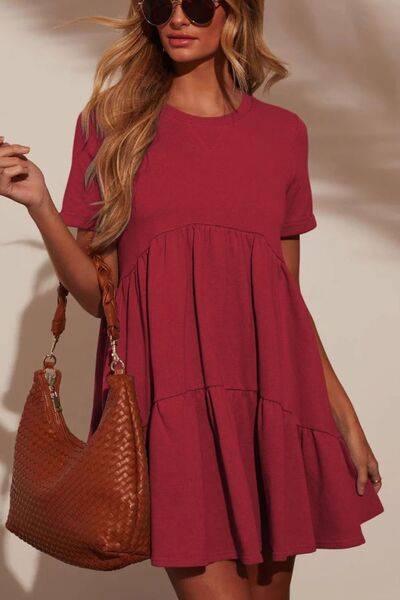 Tiered Round Neck Short Sleeve Mini Dress - Clothes For Her Online Store
