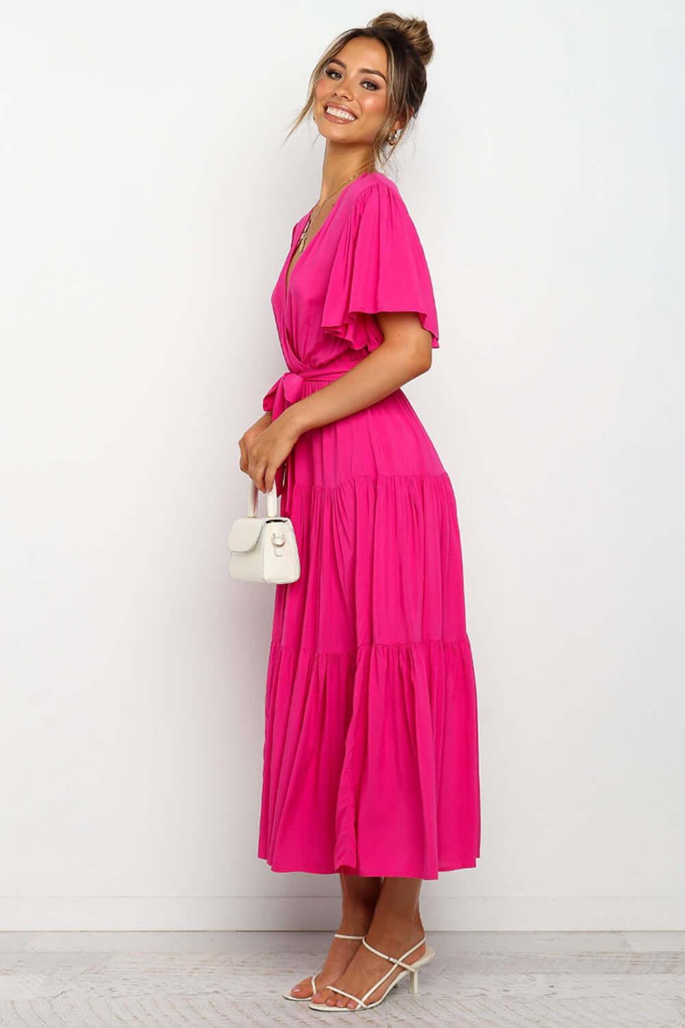 Tied Tiered Short Sleeve Midi Dress - Clothes For Her Online Store