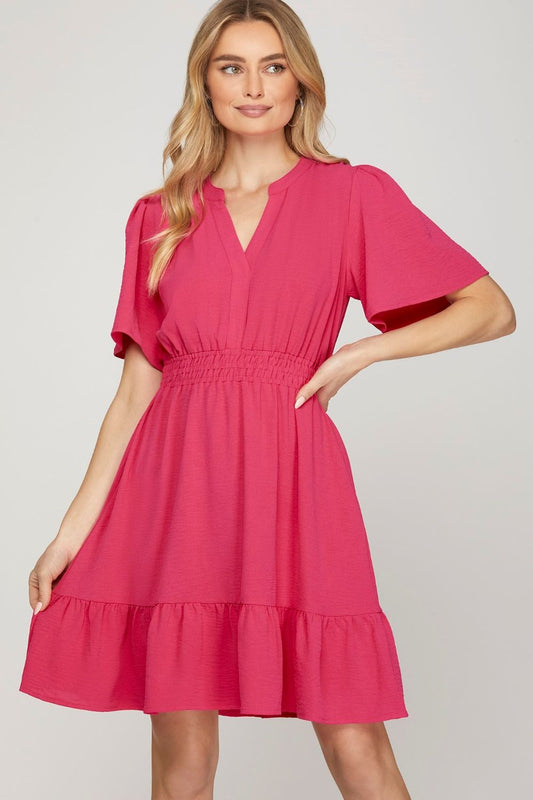 She + Sky Ruffled Hem Notched Flutter Sleeve Mini Dress - Clothes For Her Online Store