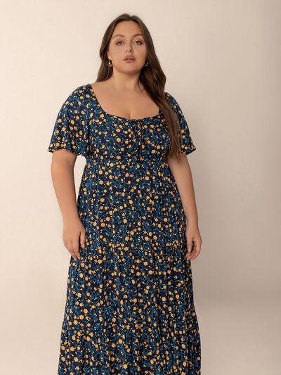 Plus Size Printed Short Sleeve Slit Tiered Maxi Dress