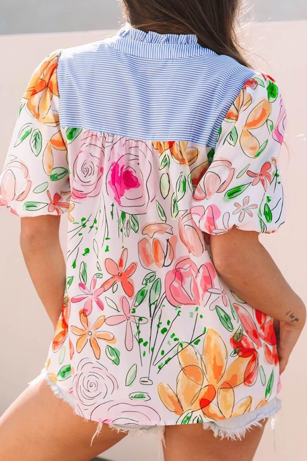 Floral Striped Yoke Frilled Tie Neck Puff Short Sleeve Blouse