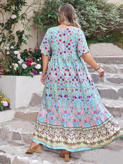 Plus Size Printed Tie Neck Flutter Sleeve Maxi Dress