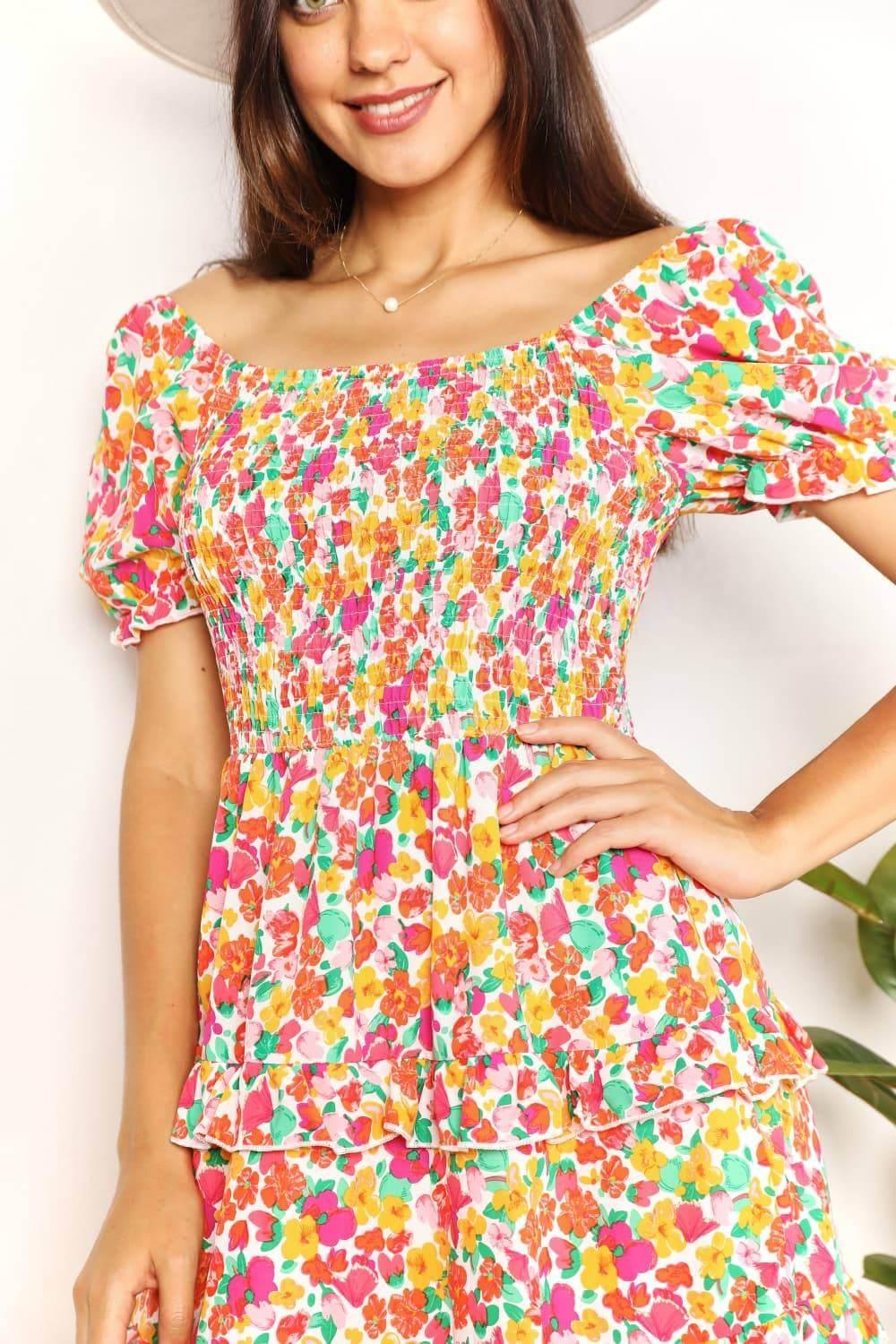 Devine Smocked Sweetheart Neck Flounce Sleeve Mini Dress