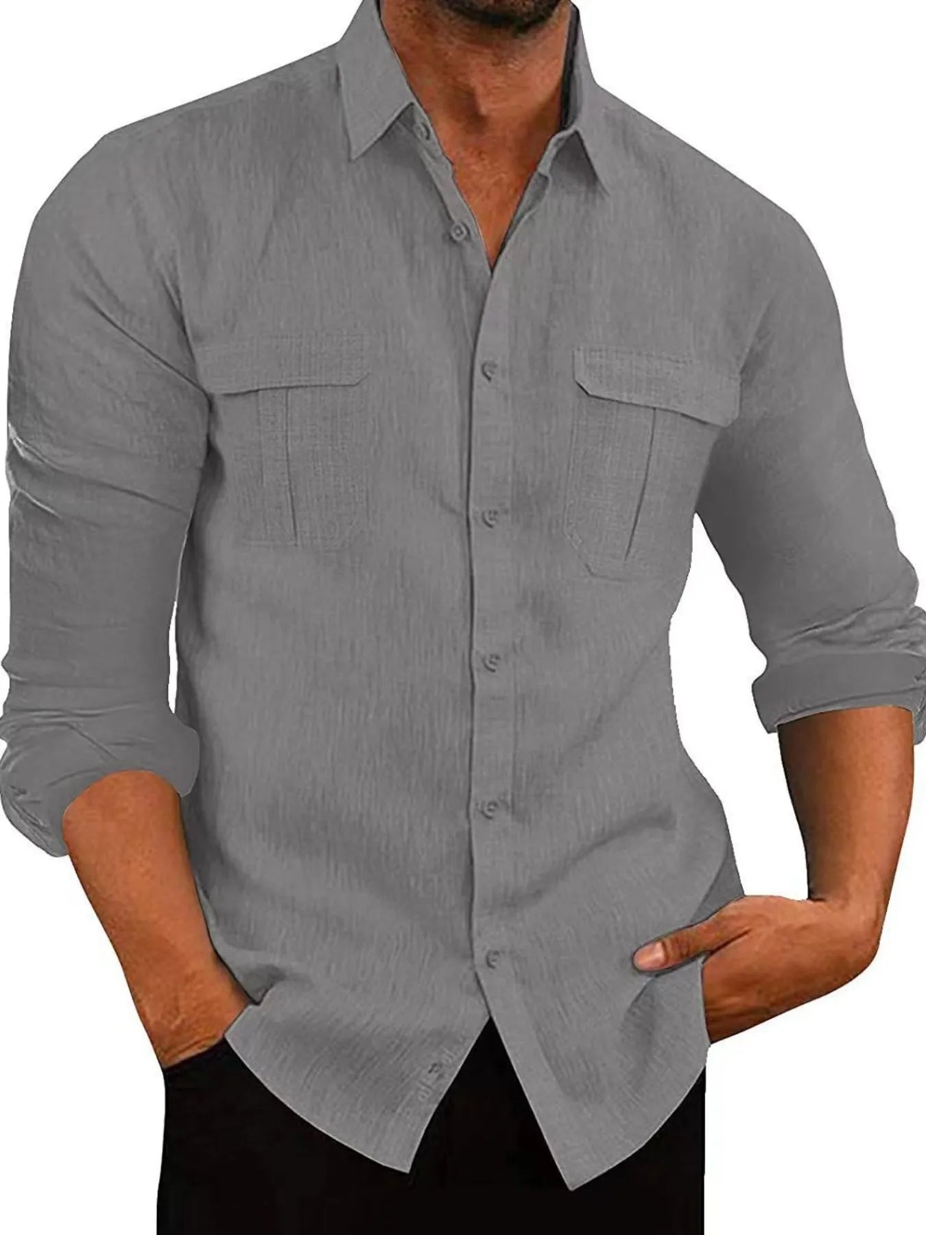 Men's Full Size Long Sleeve Button Down Shirt with Dual Chest Pockets Plus Size