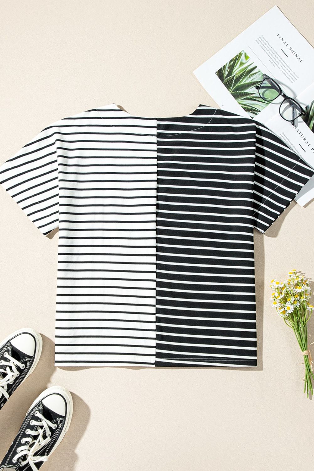 Stripe Two Tone Colorblock V-Neck T-Shirt