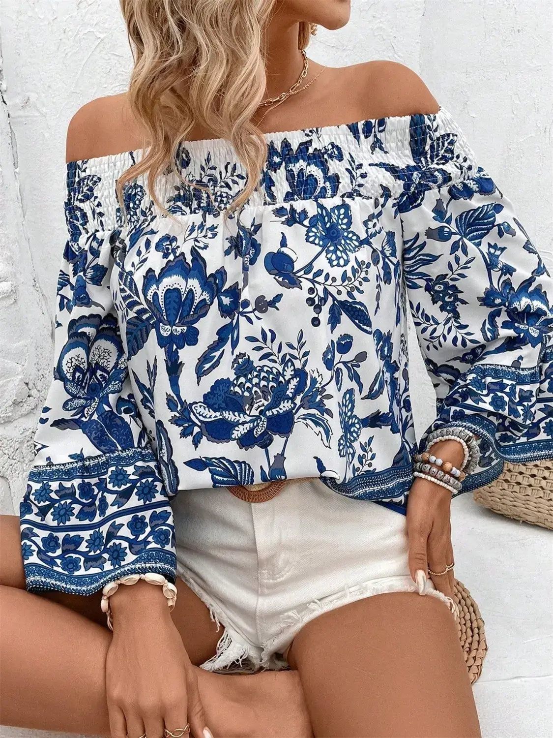Smocked Printed Off-Shoulder Blouse