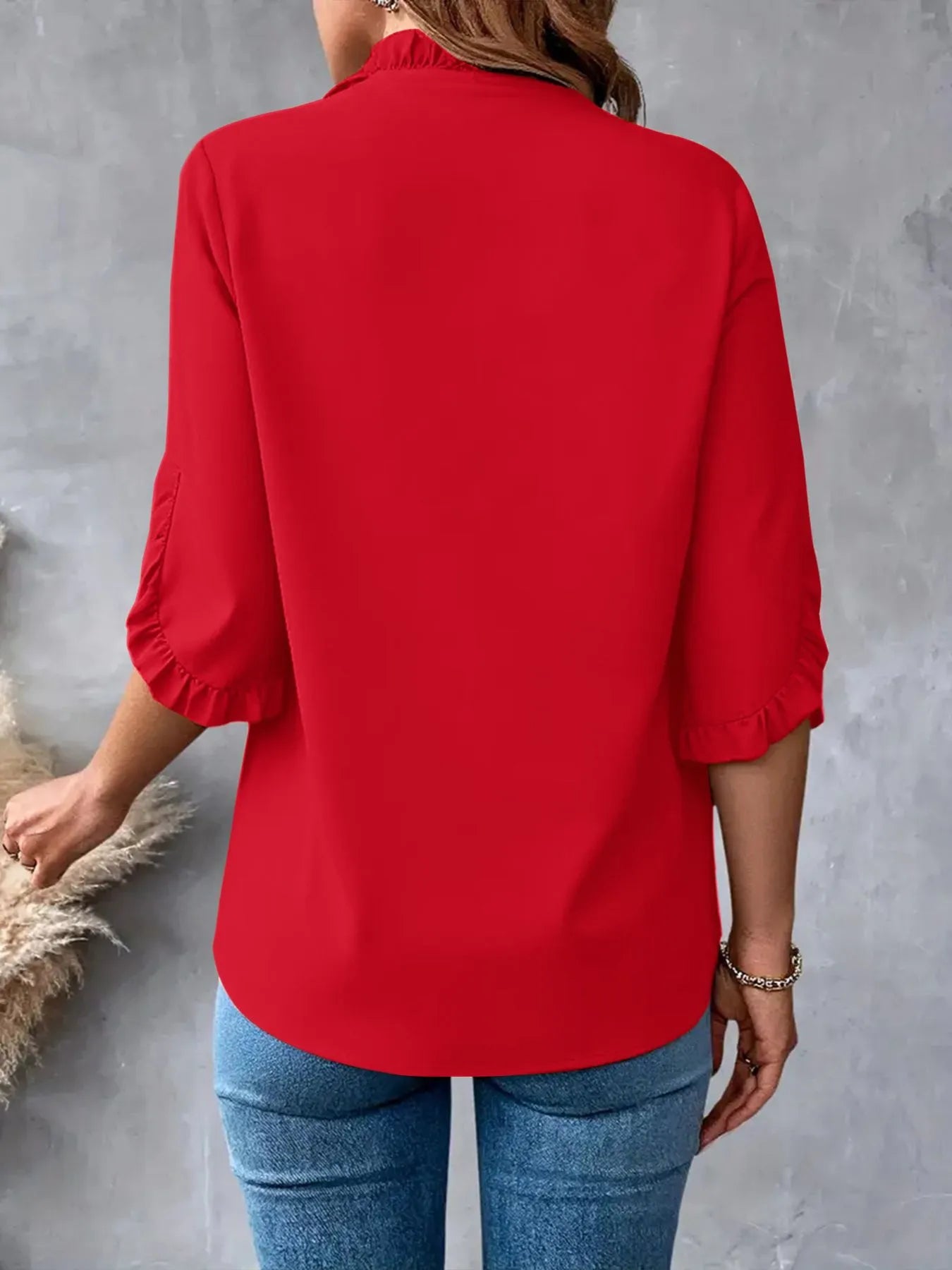 Ruffled V-Neck Short Sleeve Blouse