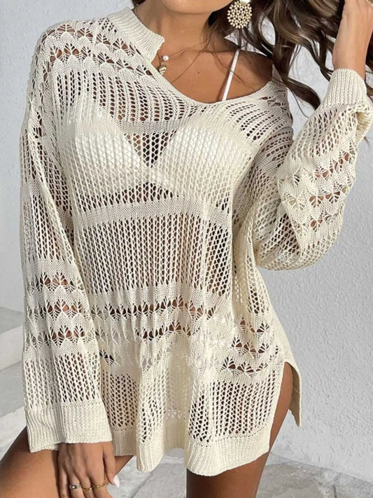Openwork Notched Long Sleeve Knit Cover Up