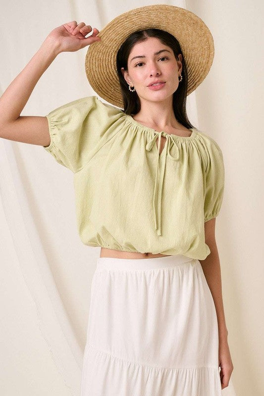 Mittoshop Linen Two-Way Short Sleeve Crop Blouse - Clothes For Her Online Store
