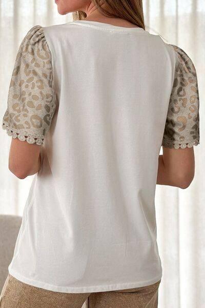 Leopard Patchwork Crochet Lace Trim Puff Sleeve T Shirt