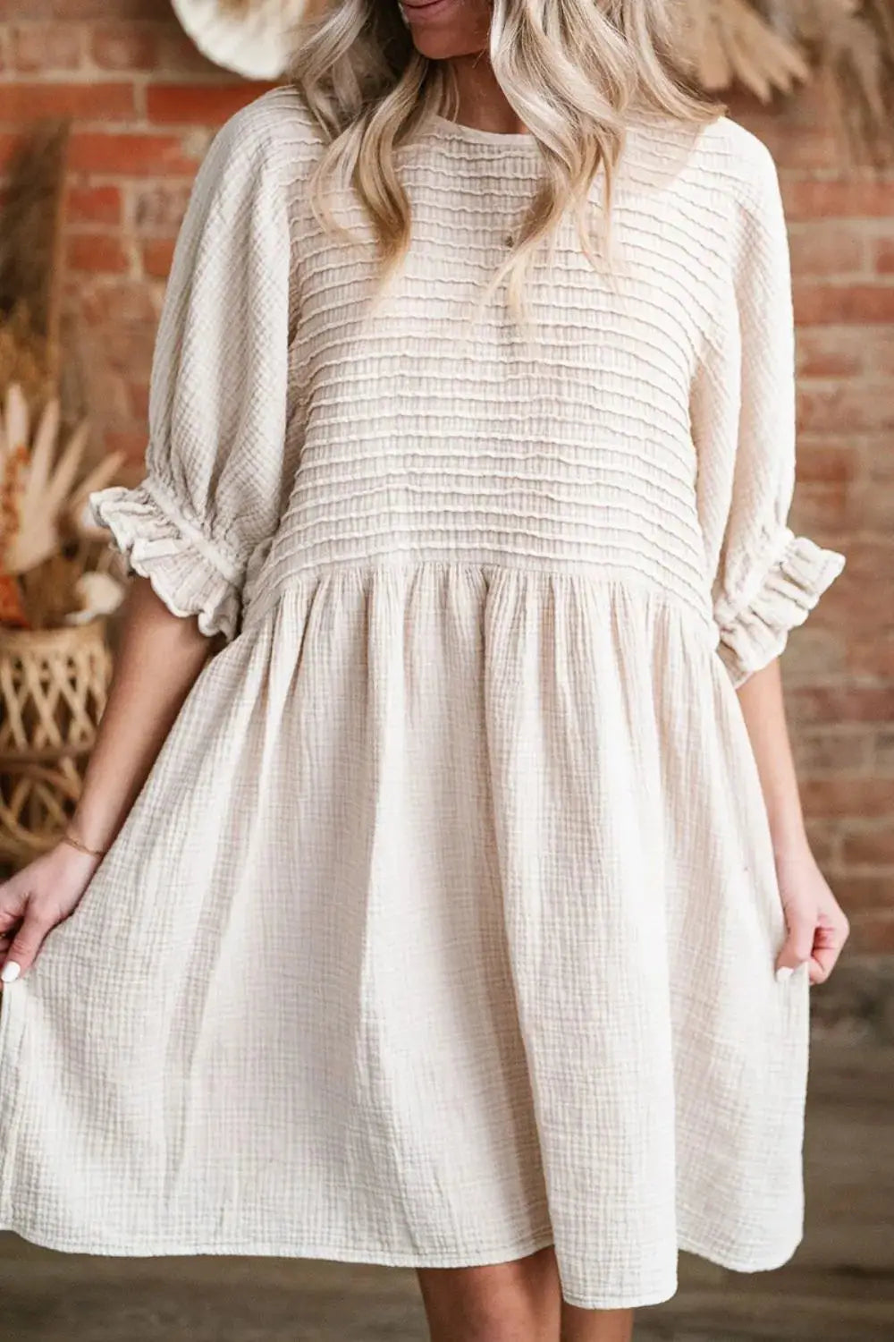 Textured Ruffled Puff Sleeve Loose Dress - Clothes For Her Online Store