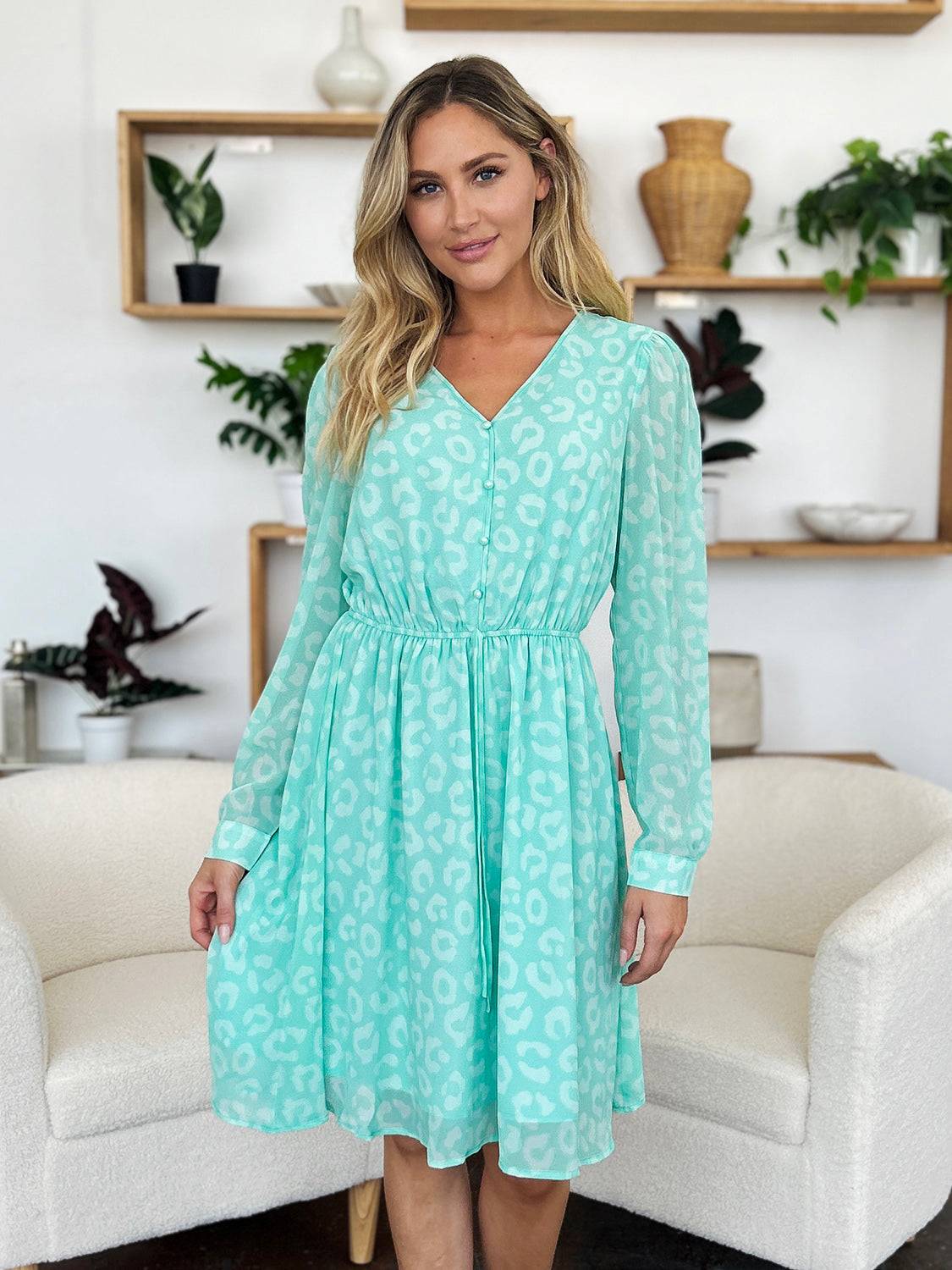 Double Take Full Size Printed Ruched V-Neck Long Sleeve Dress - Clothes For Her Online Store