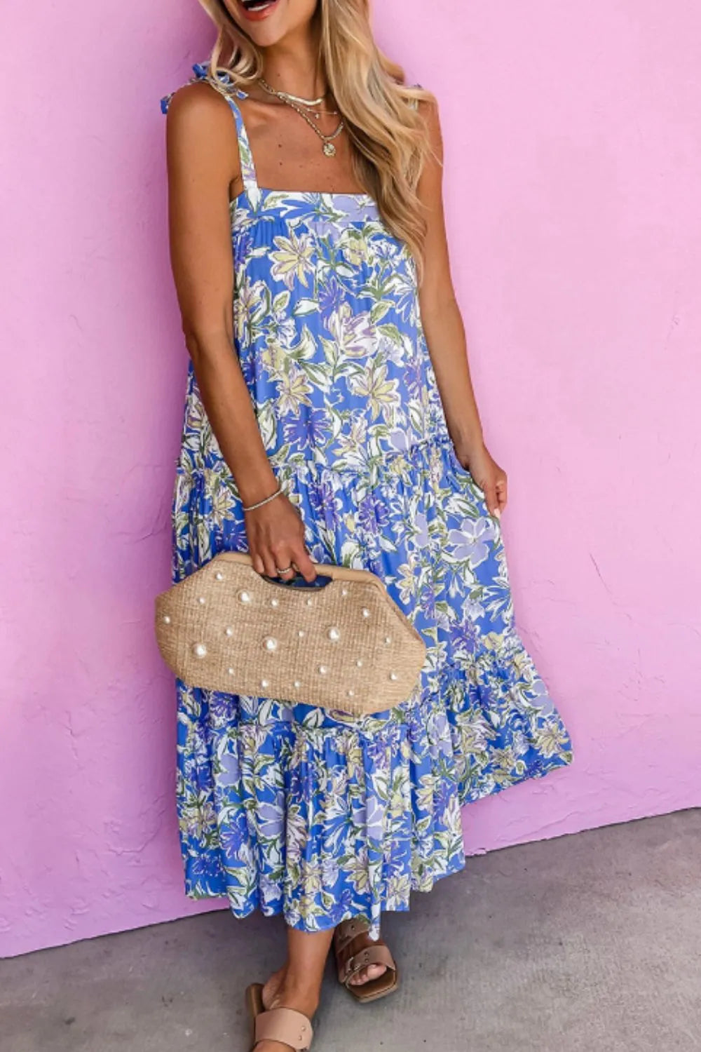 Floral Print Self-tie Straps Flowy Ruffle Dress