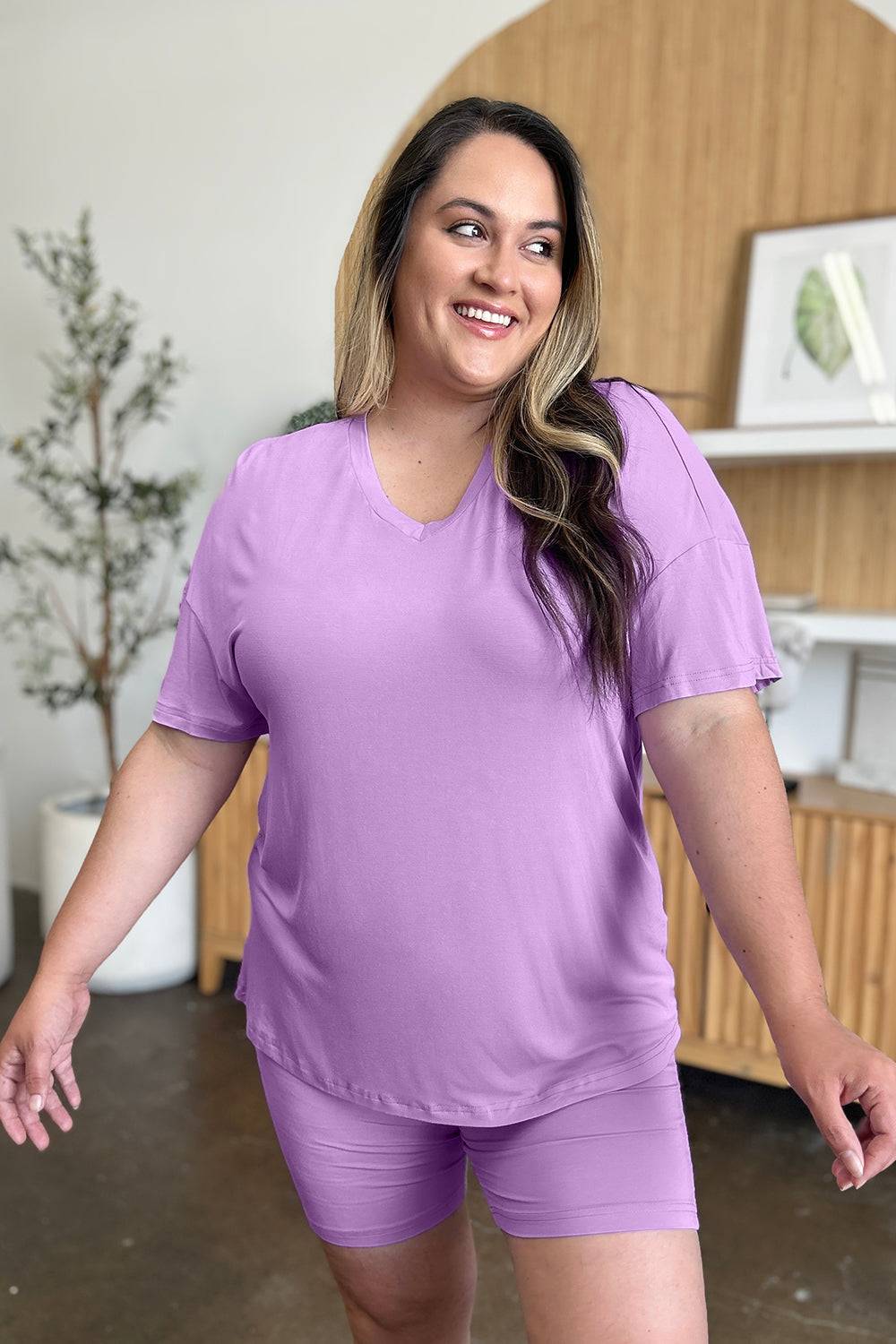 Basic Bae Bamboo Full Size V-Neck Drop Shoulder T-Shirt and Shorts Set - Clothes For Her Online Store