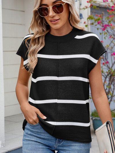 Exposed seam Contrast Striped Round Neck Knit Top