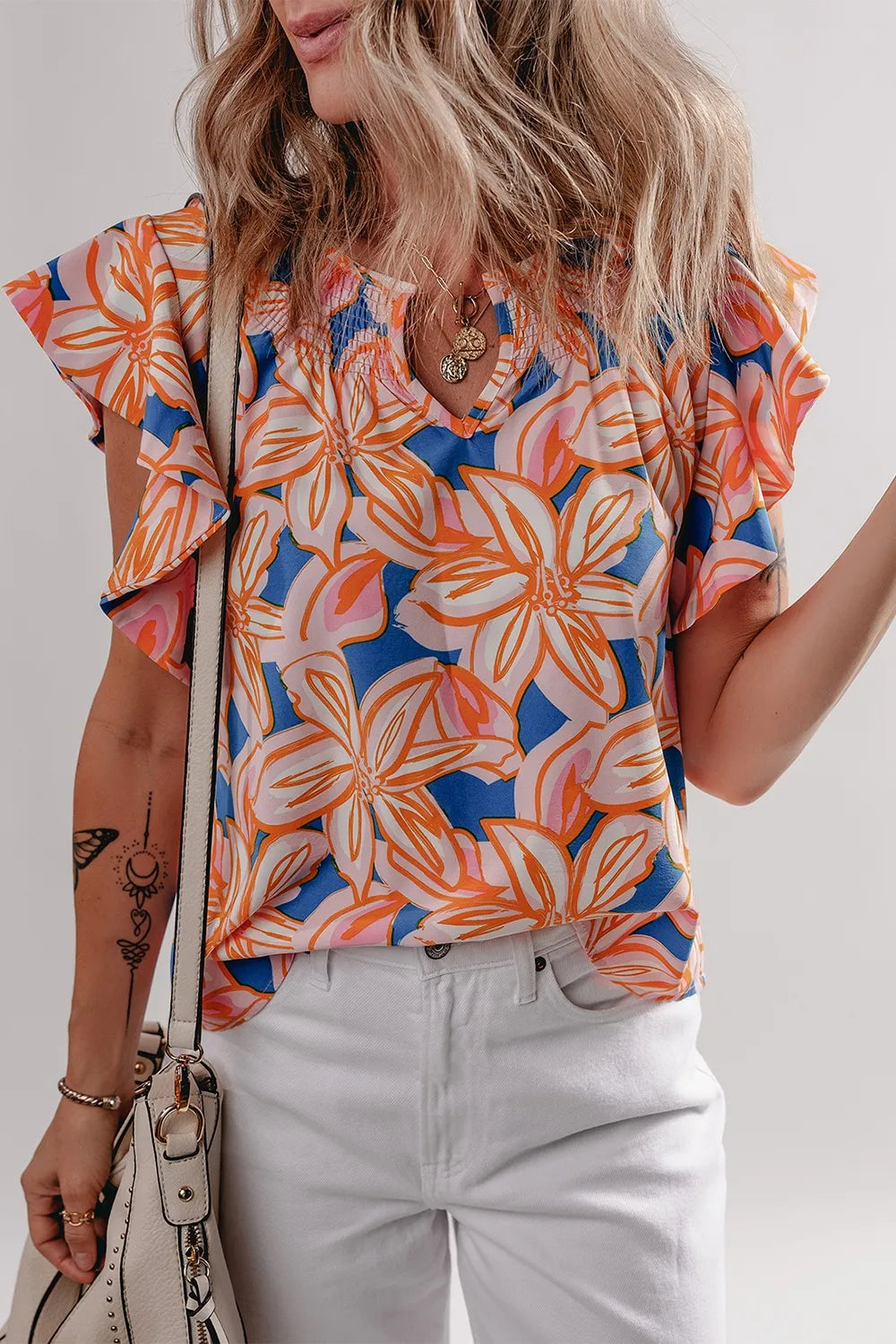 Flower Print Notched Neck Ruffle Sleeve Blouse