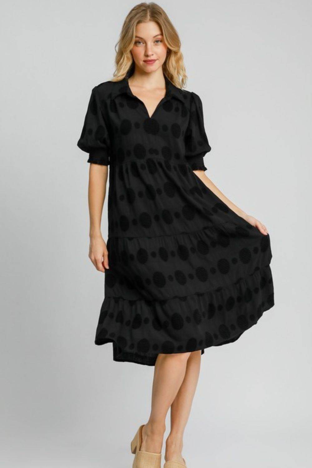 Umgee Full Size Swiss Dot Jacquard Tiered Midi Dress Plus Size - Clothes For Her Online Store
