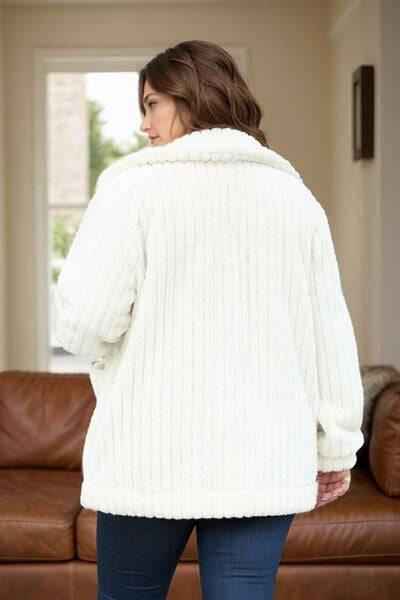 Plus Size Collared Neck Button Down Fuzzy Outerwear - Clothes For Her Online Store