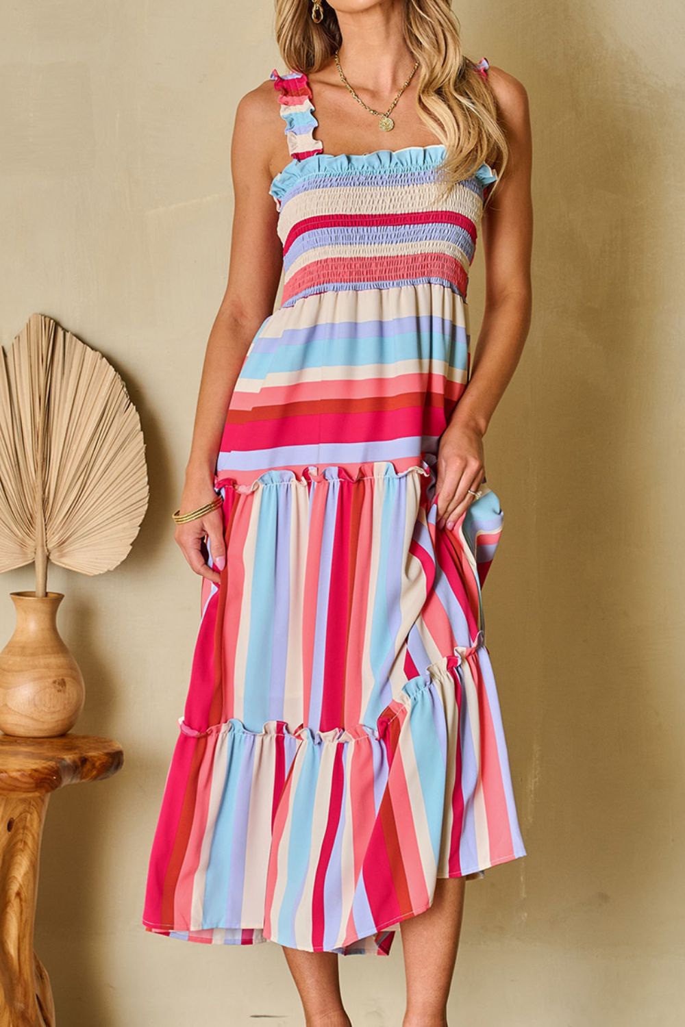 Contrast Stripe Wide Strap Smocked Tiered Dress