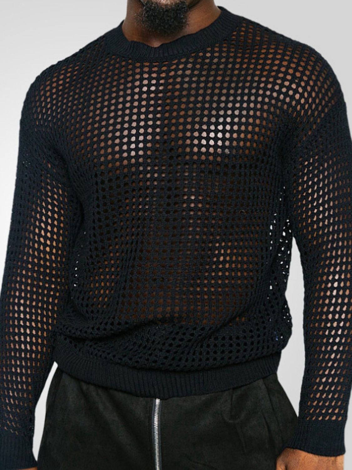 Men's Full Size Hollow Out Round Neck Long Sleeve Top Plus Size - Clothes For Her Online Store