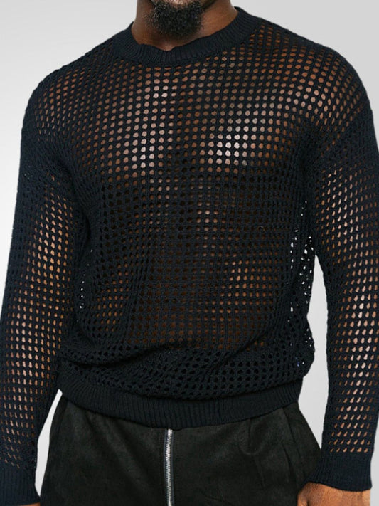 Men's Full Size Hollow Out Round Neck Long Sleeve Top Plus Size - Clothes For Her Online Store